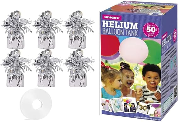 Large helium balloon canister with 6 silver balloon weights - Canister fills upto 50 9 inch latex balloons