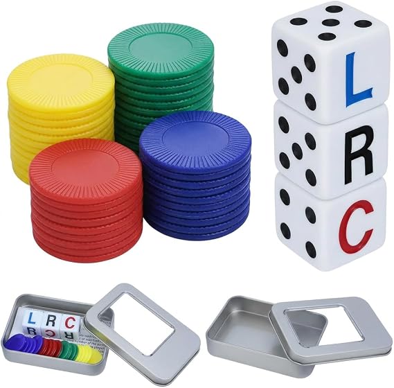 Left Right Centre Dice Game, Fun Dice Games with 3 Dices + 40 Chips 4 Color Interactive Dice Toy Portable Round Corner Strike Dices Game for School Family Friends Gatherings Party with Storage box