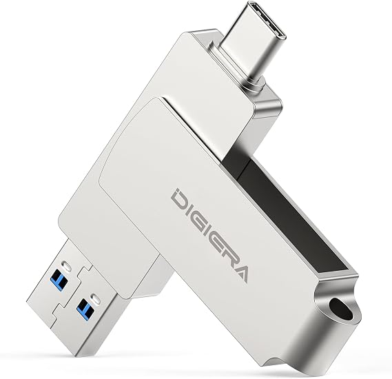 DIGIERA 256GB 2 in 1 USB A and USB-C Flash Drive USB 3.2 Gen 1 Stick 540MB/s Read and 430MB/s Write Speed Compact 360° Rotating Aluminum Memory Stick for File Transfer