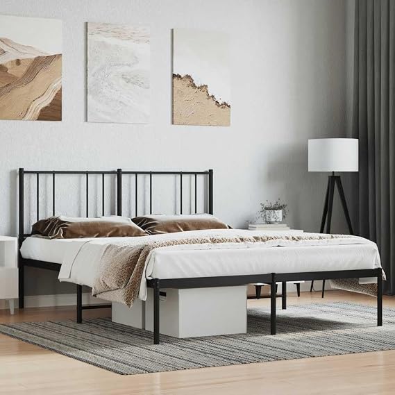 Double Bed Frame with Headboard, Heavy Duty King Size Metal Platform Bed Frame, Steel Black Bedroom Furniture for Master Guest Room（Black,120 x 200 cm,with headboard）