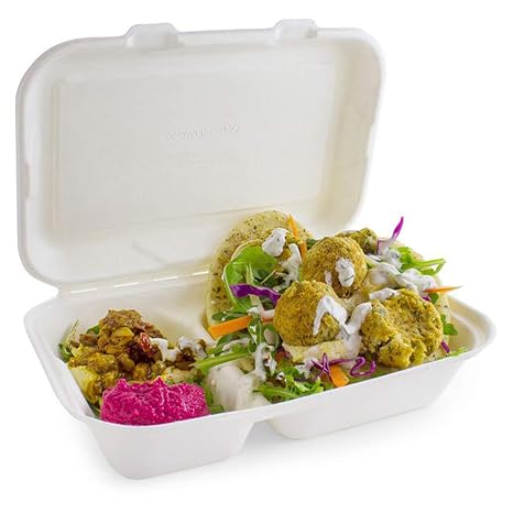 2 Compartment Clamshell Bagasse Takeaway Food Box 7 Inch - Set of 50 - Eco-Friendly Food Boxes