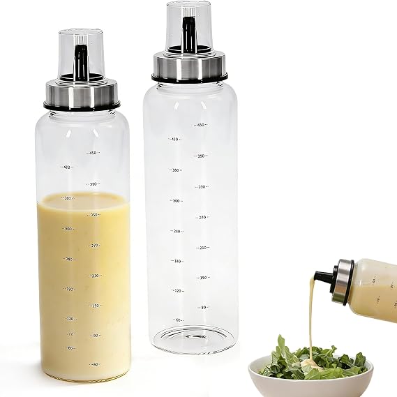 2-Pack Salad Dressing Shaker with lid - 500ml/17.6oz Borosilicate Glass Sauce Bottle, Leak-Proof Oils Vinegars & Salad Dressings Container, Condiment Bottle for marinades, Honey, Syrup - B