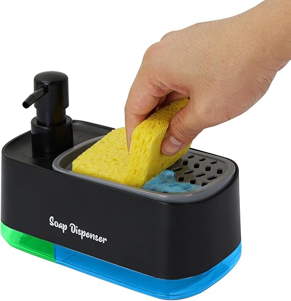 Dish Soap Dispenser Kitchen,2-in-1 Countertop Dish Soap Dispenser Set,Black Hand Washing Liquid Dispenser Set with 1 Sponge Holder,for Kitchen Sink Bathroom Countertop Storage Organizer