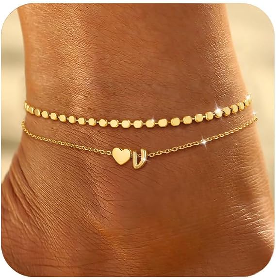 Honsny イニシャルアンクルブレスレット 女性用 防水 14K 金メッキ レイヤードアンクレット 変色しない 上品なハート 文字 A-Z アンクルブレスレット ハンドメイド 調節可能 サマービーチ ゴールド アンクレットジュエリー
