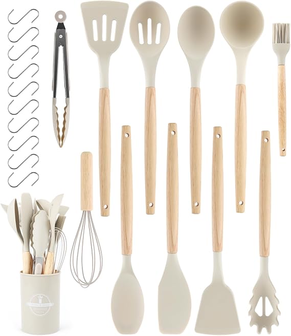 12 Pieces Silicone Kitchen Utensils, Silicone Kitchen Utensils Set, Non-Stick Heat Resistant Set, Dishwasher Safe, Kitchen Accessories, Cutlery Set with Bucket (Khaki)