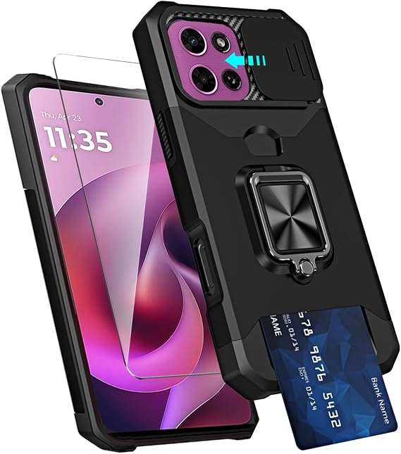 Full Protection Set for Motorola Moto G 2026 Phone Case, Outdoor Military Shockproof Case + Tempered Glass Screen Protector with Ring Stand | Card Holder | Slide Camera Black Cover