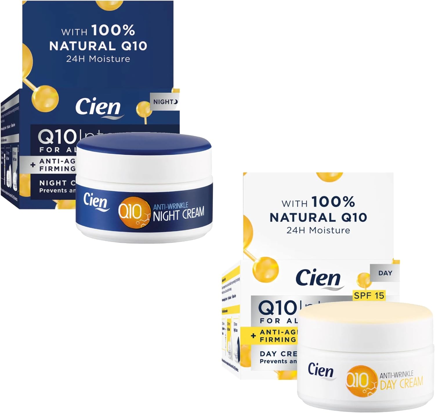Set of 2 x 50 ml Cien Anti-Wrinkle DAY + NIGHT CREAM - with q10, Hyaluronic Acid & Vitamin E