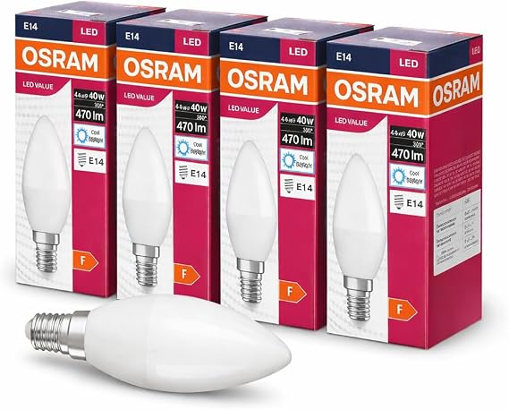 Osram LED Mum Ampul 4.9W (40W Eşdeğer) E14 Duy 470 Lümen –6500K Beyaz- Dekoratif LED Ampul – Dim Edilemez – Enerji Tasarruflu – Avize ve Aplik Uyumlu – 4’lü Paket [Enerji Sınıfı F]