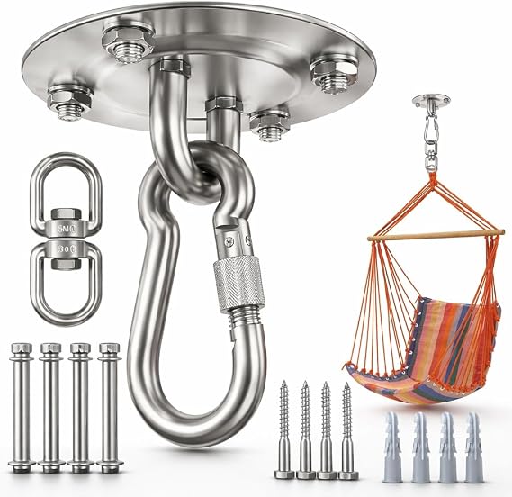 Heavy Duty Swing Hangers 360°Rotate Heavy Duty Hooks for Hanging 304 Stainless Steel Swivel Hammock Hook Swing Hook for Ceiling Wooden Porch, Gym Yoga Suspension Hooks Swing kit With 400 kg Capacity