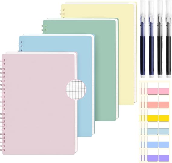 4 Pack A5 Notebook Graph Paper 80 Sheets/160 Pages 100gsm Sticky Notes Pen