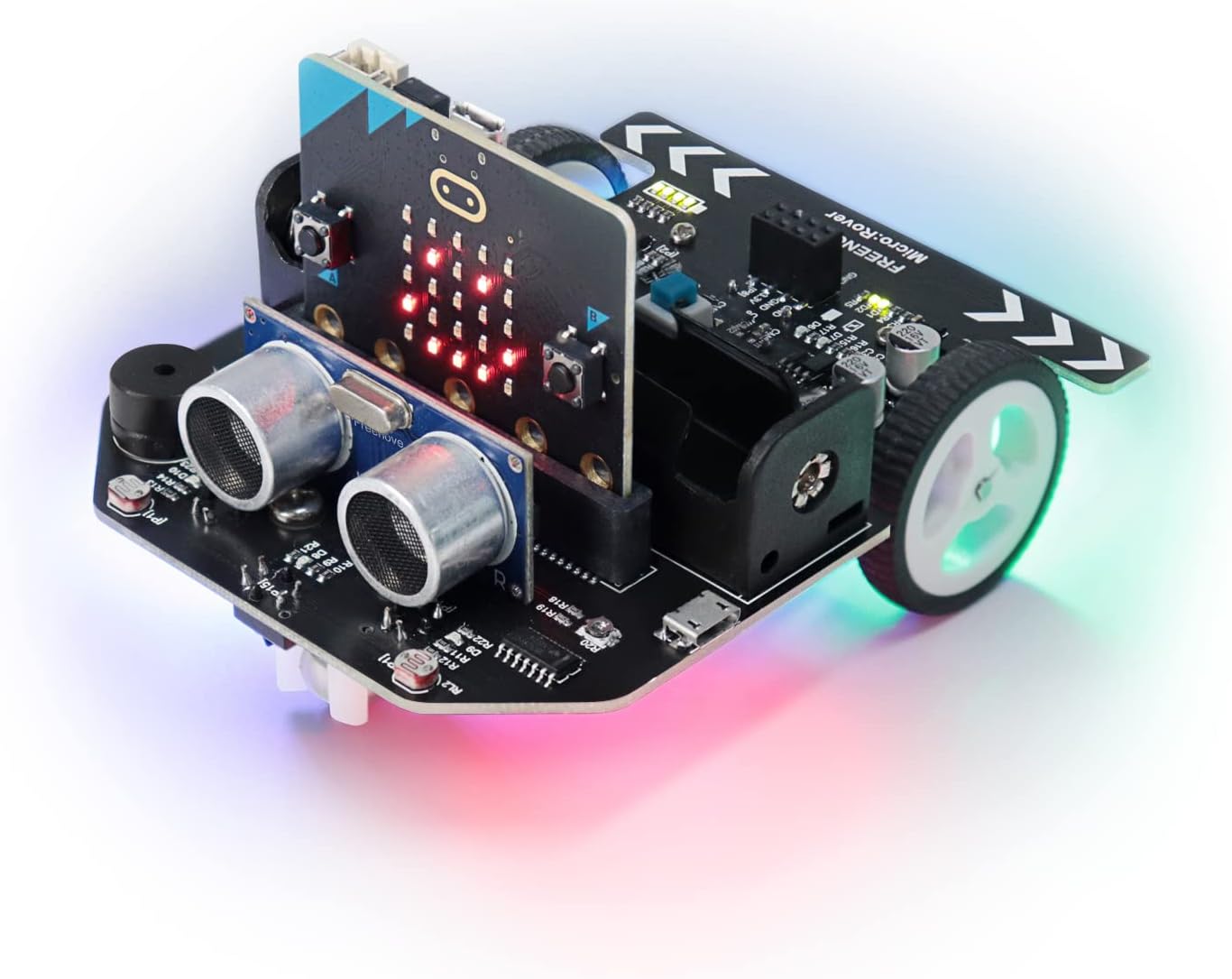 FREENOVE Micro:Rover Kit for BBC Micro:bit (V2 Contained) Obstacle Avoidance Light-tracing Line Tracking Remote Control Playing Melody Colourful Lights Rich Projects Blocks and Python Code