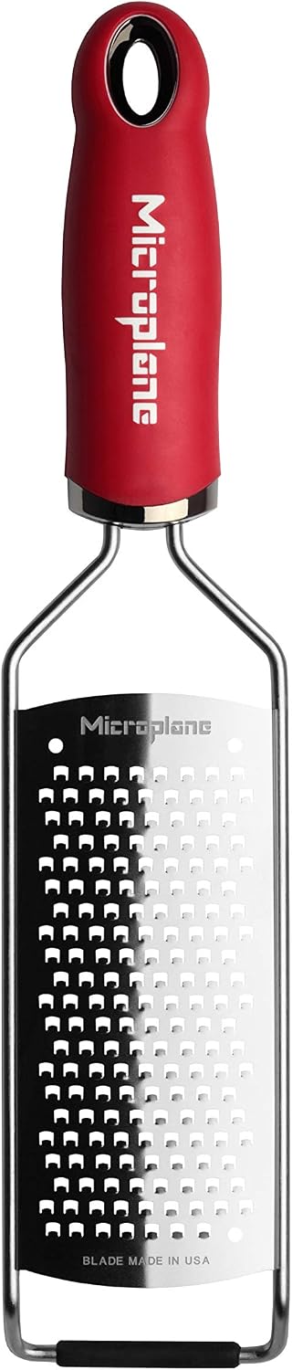 Microplane Kitchen Grater Coarse for Cheese, Carrot, Ginger, Coconut, Nuts and Horseradish in Red with Stainless Steel Blade - Made in USA