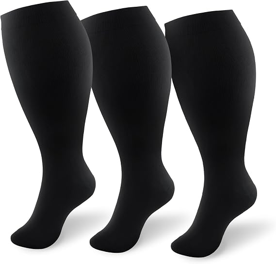 3 Pair Plus Size Compression Socks for Women and Men,20-30mmHg Wide Calf Knee High Compression Stockings for Circulation