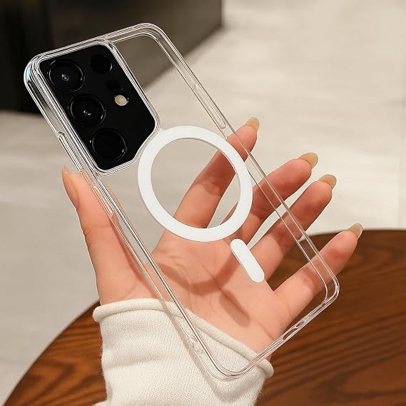 Coverzone Galaxy S23 Ultra ile uyumlu Kılıf Crystal Clear Magsafe ile uyumlu Wireless Şarj Özellikli İnce Hissiyat Kamera Lens Korumalı Sert Plastik Şeffaf Kılıf (Galaxy S23 Ultra)