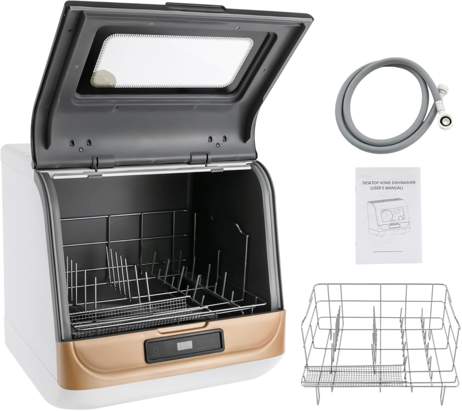 DAOHHFO Mini Dishwasher, Freestanding Tabletop Dishwasher, 5 Programmes, Worktop Dishwasher, No Installation, 5 L Water Required, Equipped with Inlet and Drain Pipes