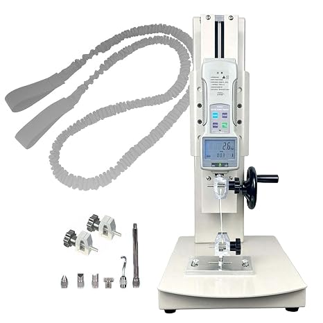 Push Pull Test Stand, Digital Force Gauge Push Pull Tester 2000n/450lbf, Manual Hand Crank Vertical Bench, 270mm Stroke, Includes 5 Test Heads & Fishing Line Clamps, Drop(No ruler,10N)