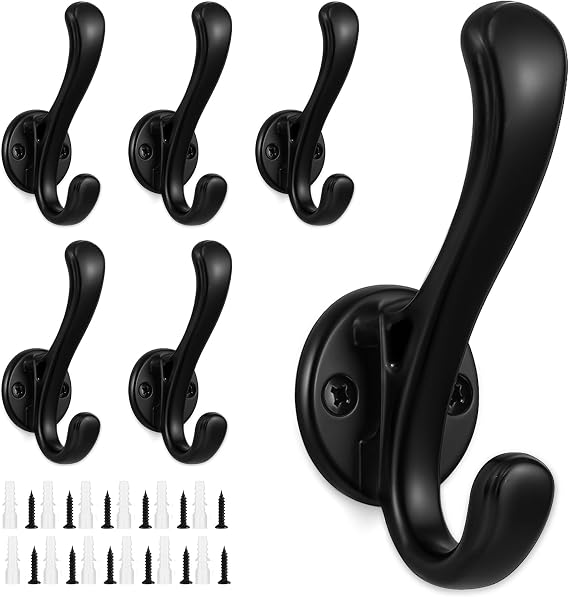 Dntorx 6 Pack Wall Mounted Towel Hooks, Black Heavy Duty Metal Coat Hooks