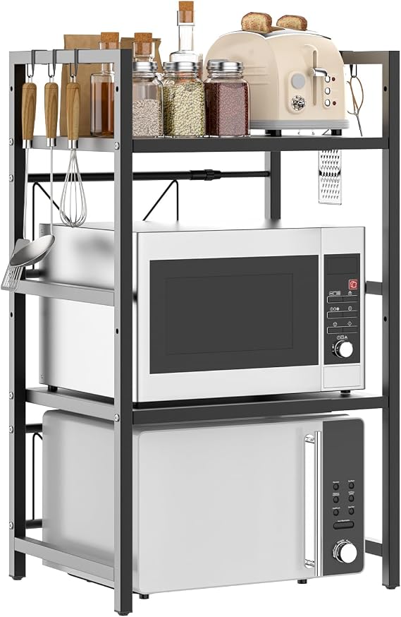 VickyHome Expandable Microwave Shelf, 3 Tier Microwave Stand Shelf Bakers Rack, Height Adjustable Over Microwave Shelf Unit Desktop Printer, Kitchen Baker's Rack with 6 Hooks, Black