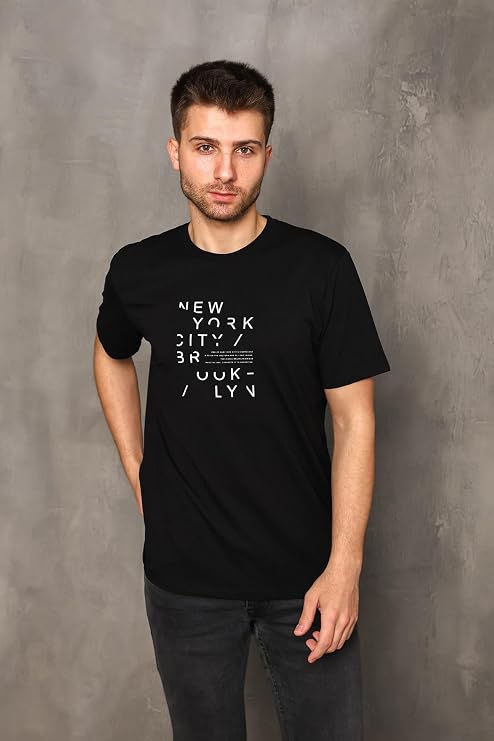 DK DAKSEL Siyah Renk Basic New York Baskılı Erkek T-shirt DAKS-0-4360(Siyah-M)