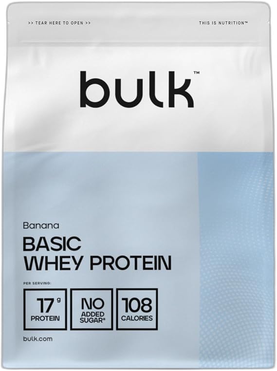 Bulk Basic Whey Protein Powder | Banana | 1.25 kg | 41 Servings | Up to 18g Protein per Serving | Low Sugar | Fast Absorbing Formula | Gym Supplement Supports Muscle Growth & Recovery