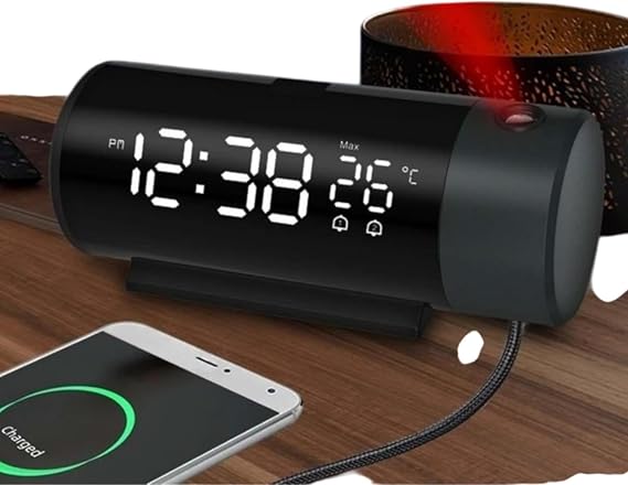 Kenly Projeksiyonlu Dijital LED Çalar Saat – Silindir Tasarım, USB Şarjlı, Sıcaklık Göstergeli, Çift Alarm, Gece Yansıtmalı Masa Saati