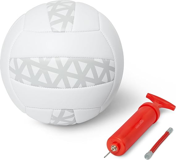 Amazon Basics Size 5 Volleyball with Pump for Indoor and Outdoor, PVC Synthetic Leather Training Ball with Reinforced Seams and Butyl Inner Chamber, White and Grey