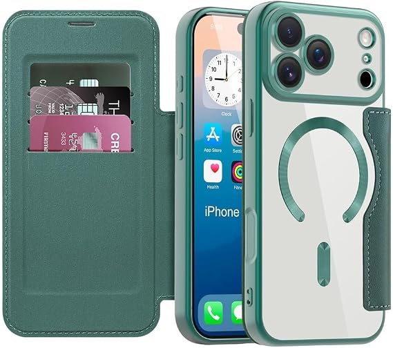 iPhone 16 Pro Max用ケースカラー:ダークナイトグリーン – ケース RFID磁気レザーウォレットフリップシリコンケース