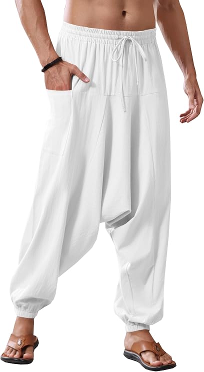 Runcati Men's Cotton Harem Trousers Baggy Hippie Casual Linen Yoga Trousers Beach Deep Crotch Trouser