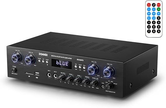 Bluetooth 5.0 Audio Amplifier, Donner Stereo Audio Amplifier 4 Channels, HiFi Amplifier 440 W with USB, SD, FM, 2 Mic in Echo, RCA, LED for Studio, Home, MAMP5
