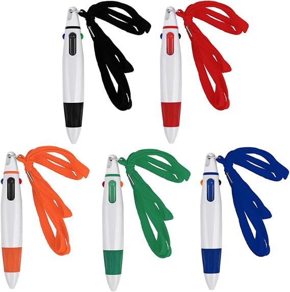 Bewudy 5 Pcs Multicolor Ballpoint Pen, 4-in-1 Multi Colour Pen with Neck Lanyard, 1.0mm Retractable Shuttle Pen On A String Lanyard, Neck Pens For Office School Supplies Students Children Gift