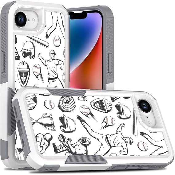 iPhone 16E用ケース、ユニークな野球用品デザイン 衝撃吸収ハードPCとインナーシリコンハイブリッドデュアルレイヤーアーマーディフェンダーケース iPhone 16E野球スポーツ用 ホワイト