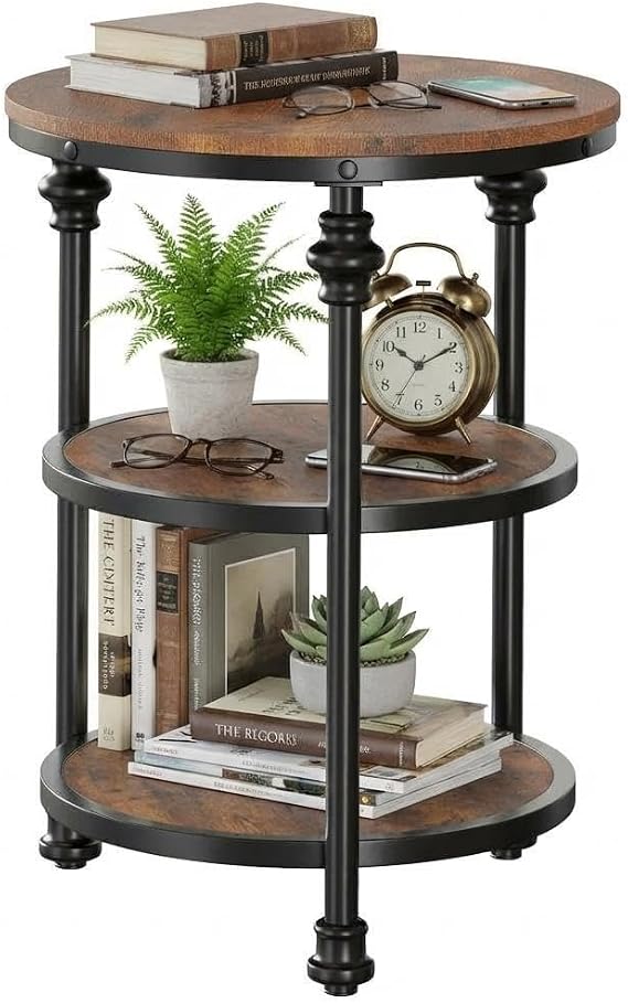 3-Tier Small Round Table , Industrial Round Corner Table with 3 Storage Shelves,Round Coffee Table with 3 Levels, Circle Wooden Side Table with Metal Frame for Living Room, Bedroom & Hallway - Retro