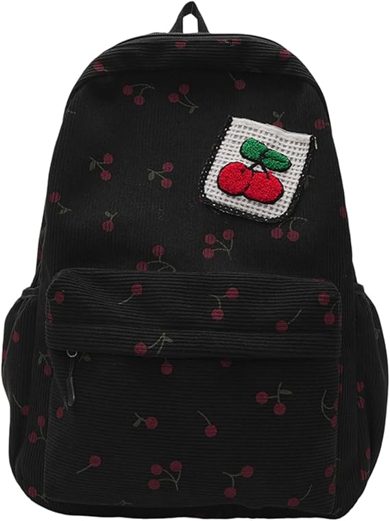 Cherry Corduroy Backpack, Large Capacity Cute Backpack, Black Girls School Bag for School Travel Daily Use, Funny Cherry Gifts for Women Girls Teenagers and Children