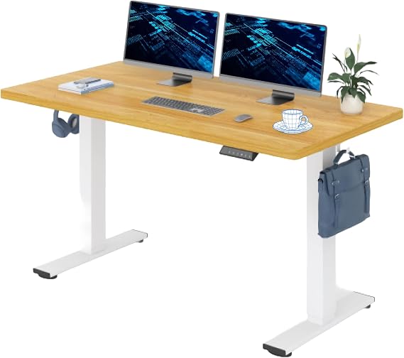 FLEXISPOT 160x80cm Electric Standing Desk Height Adjustable Desk ONE PIECE Sit Stand Desk Stand Up Desk with Memory Smart Pannel (White Frame+Maple Desktop)