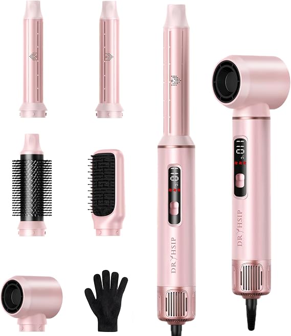 Dryhsip 5 in 1 Hot Air Styler, Hair Dryer Brush with Digital Display, Air Brush Hair Styler for Curling Straightening & Blowouts, Lightweight Hair Styling Appliances for Women (Pearl Pink)