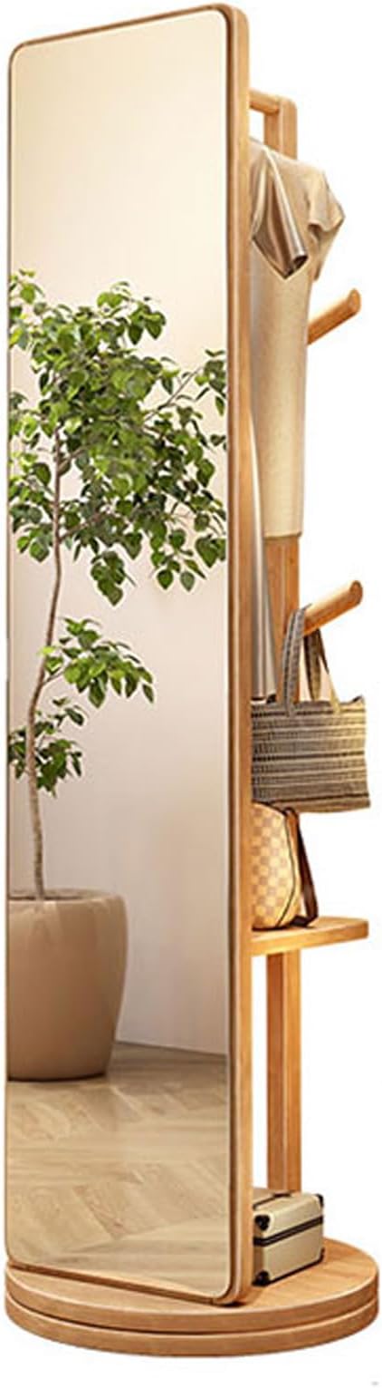 360° Rotatable Full Body Mirror, 2-in-1 Floor Mirrors and Coat Rack, Wood Full Length Mirror with Coat Rack, For Bedroom, Living Room