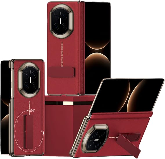 Huawei Mate X7用、スマートフォンケース、レザー製保護カバー、270°回転スタンド付き、フルボディ耐衝撃折りたたみ式スマートフォンケース レッド