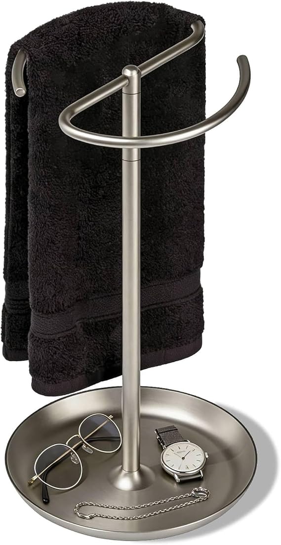 simpletome Towel Holder Stand Countertop with Storage Tray Non-Slip Weighted Base for Bathroom (Brushed Nickel)