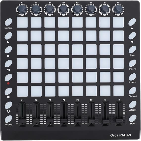 MIDI Controller, Portable MIDI Beat Pad with 48 RGB Backlit Pads 8 Knobs 8 Faders for Music Production, DJ Performance and Live Shows, Plug and Play USB Drum for