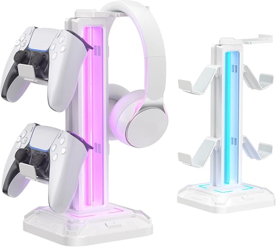 KDD Headset Stand with 9 Light Modes - Gaming Controller Holder for Desk - Rotatable Headphone Stand & Detachable Controller Hook for Gamer Gaming PC Xbox ONE PS5 Earphone Accessories(White)