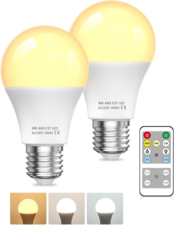 E27 LED Light Bulbs with Remote Control, E27 Dimmable Remote Control Light Bulb with Timing, Memory Function, 9W LED Bulb 60W Equivalent, 3 Color 3000K/4000K/6000K, for Living Room, Bedroom [Energy Class A]