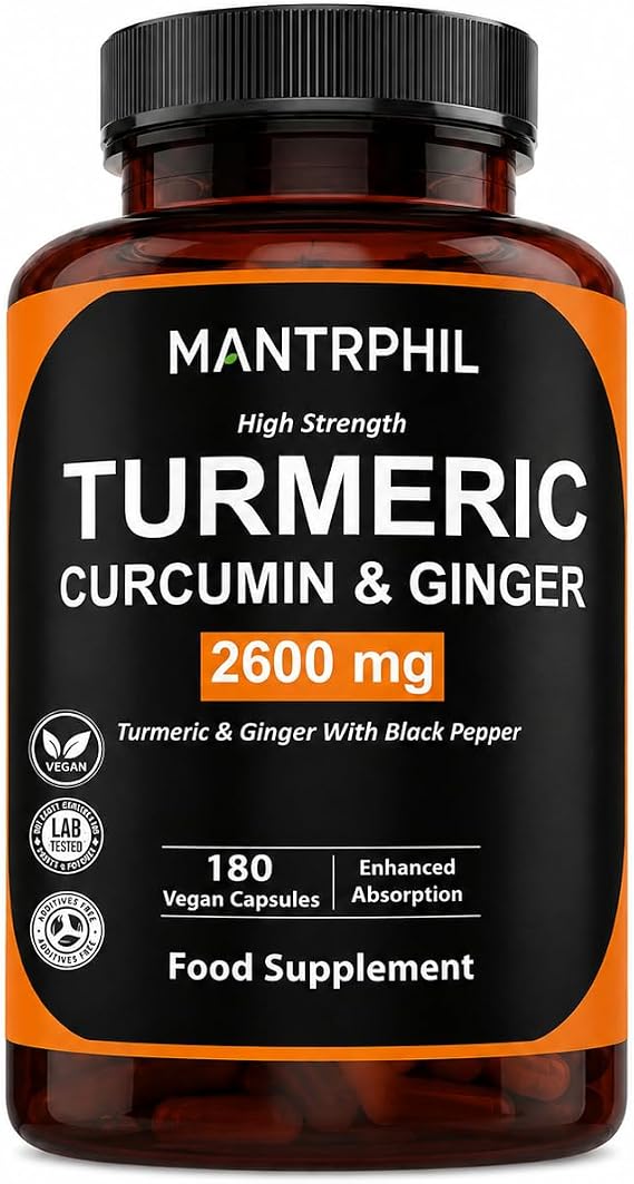 Turmeric Curcumin & Ginger High Strength Capsules with Black Pepper | 180 Vegan Capsules | Turmeric Root Extract Supplement | Plant Based Formula | 3 Month Supply | Food Supplement