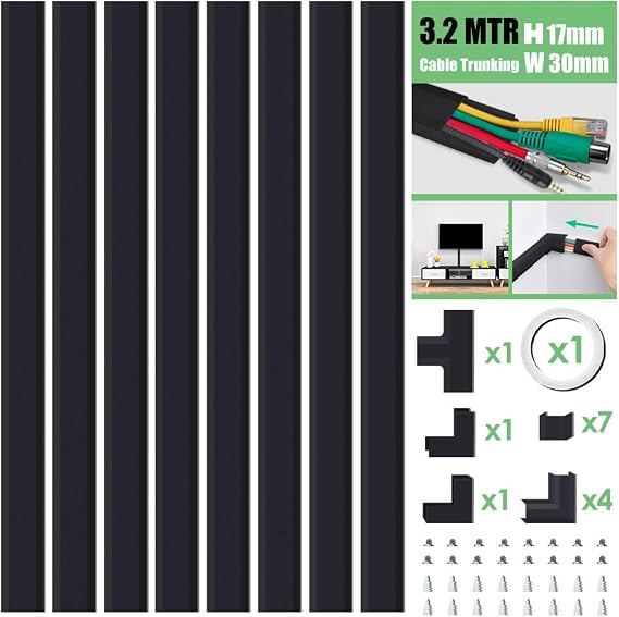 MUDEELA Cable Trunking Kit, Cable Concealer, Cable Tidy Cable Raceway, Cable Management Kit for Home Office - 8X L400mm, W30mm H17mm, Black