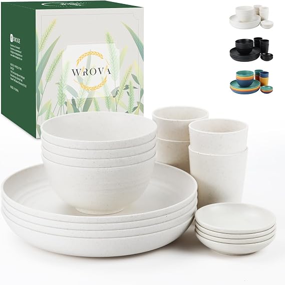 Wrova Reusable Dinner Set - Plates and Bowls Sets of 16 Camping Plates