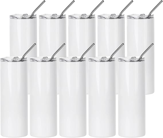PYD Life 10 Pack Sublimation Blanks Tumblers Straight Skinny 20 OZ Bulk