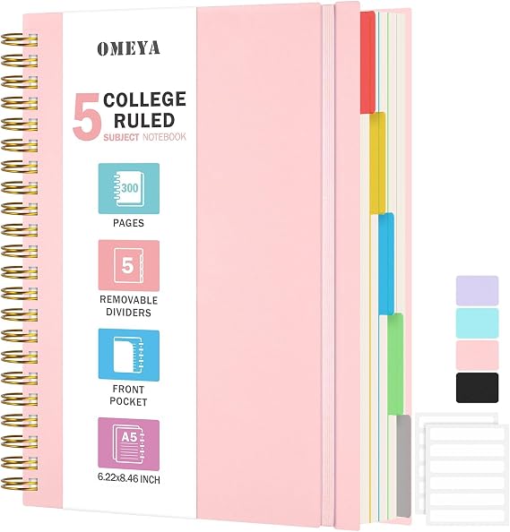A5 Notebook, Lined Notebook with Removable Dividers, 100GSM Thick Notepad