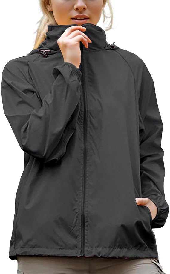 Womens Waterproof Running Jacket Quick Dry Lightweight Raincoat Hooded Rain Jacket Thin Sunscreen Water-Resistant Sports Hiking Walking Jackets Spring Autumn Summer Rain Coats Sun Protection Coat