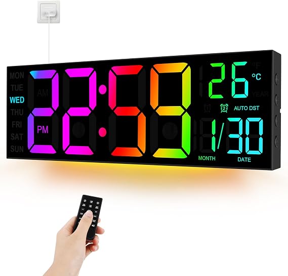 16'' Digital Wall Clock large display with Remote Control LED Dual Alarm Clocks with 8 RGB Colors - Lights Adjustable Brightness - Date-Auto DST - Temperature Memory Function - for Home, Gym, Office