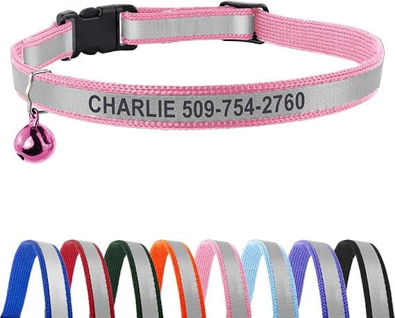 GoTags Personalised Reflective Cat Collar with Bell, Engraved with Name and Phone Identification, Breakaway Quick Release Collar with Safety Release Buckle, Adjustable for Cats and Kitten (Pink)