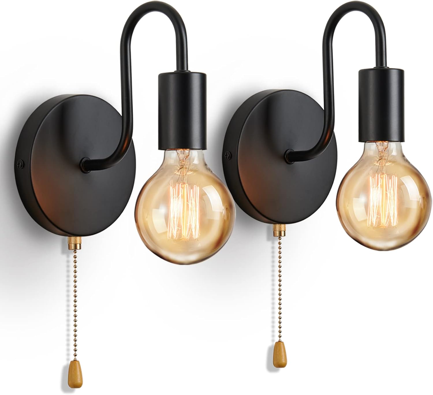 Lightess Wall Lights E27 Socket Wall Spotlights Set of 2 Retro Metal Iron Loft Sconce Lamp with Pull Cord Switch for Bedroom Living Room Garage Porch Hallway No Bulb, Black [Energy Class A]